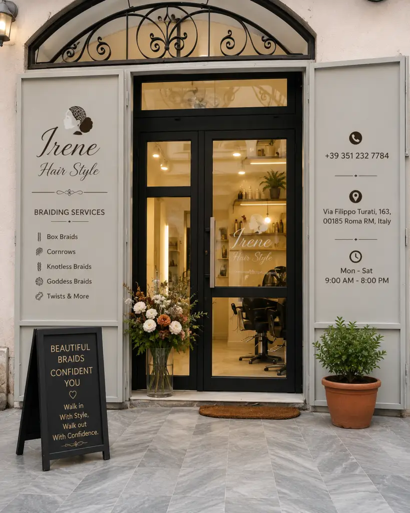 Irene Hair Style salon entrance offering professional braiding services in Rome, Italy