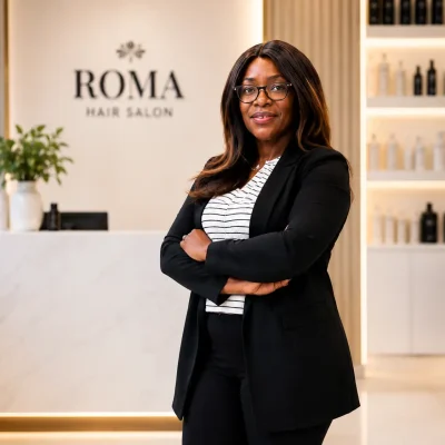 "Professional hair salon owner at Roma Hair Salon in Rome, Italy, providing expert hair styling, braiding, wigs, and beauty services."